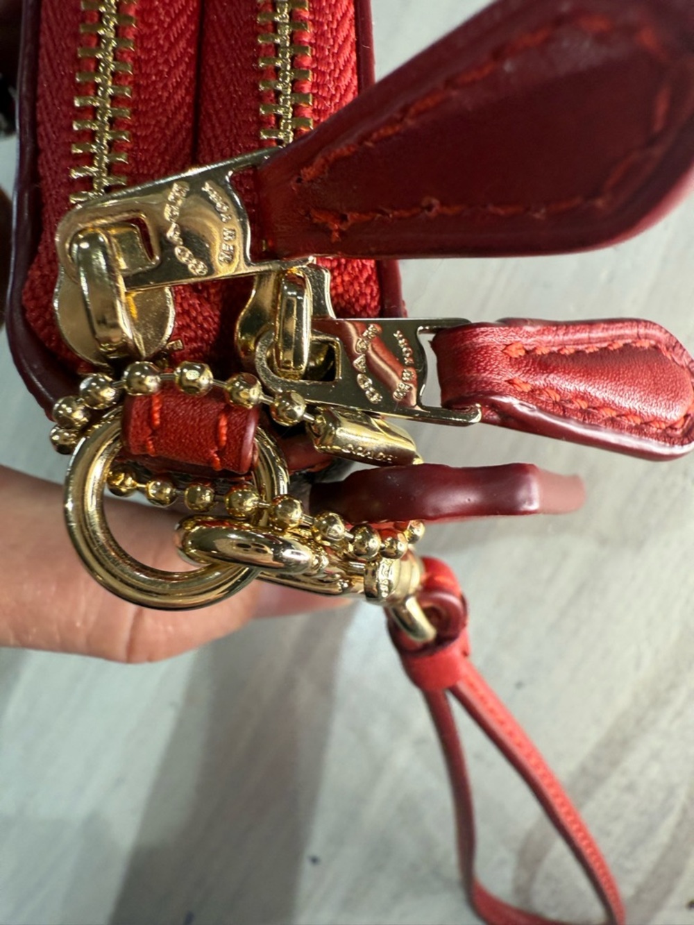 Coach Brown Double Zip Wallet with Red Signature Stripe Accent - Picture 8 of 14